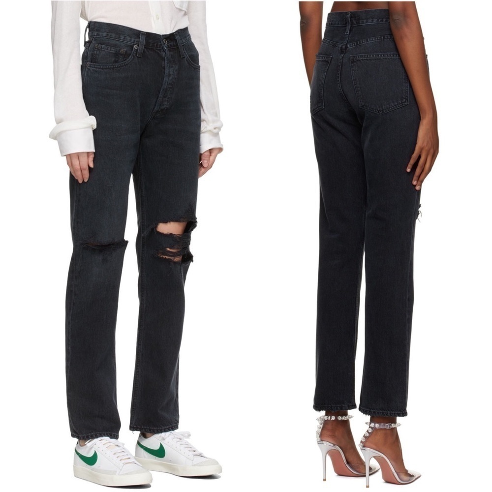 AGOLDE 90s Washed Black Distressed Denim Rip Knee Straight Leg Relaxed Jeans 23 - Picture 14 of 15